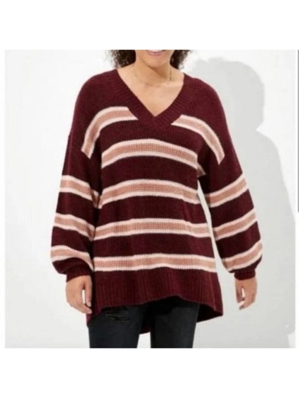 American Eagle Dreamspun Oversized V Neck Striped Maroon Red Pink Sweater Small